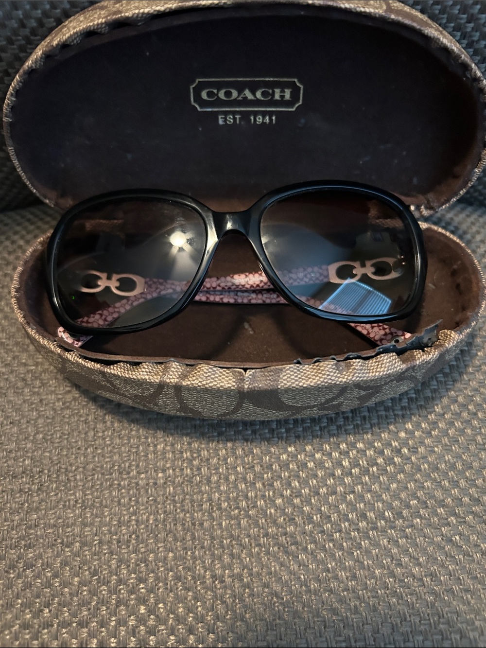 Coach Black Sunglasses with Pink Patterned Temples. Beatrice HC 8019.